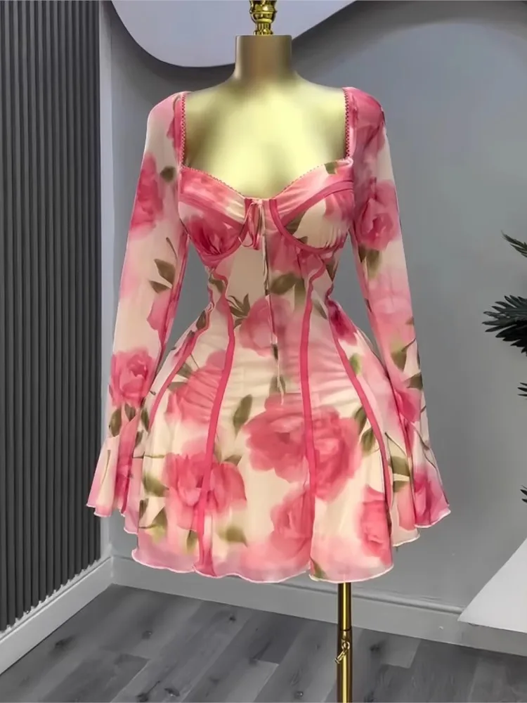 

Women Fashion Dresses Casual Flared Long Sleeve Tie Ruffle Flower Dress Full Body Printed Elegant Sexy Female Night Club Vestido