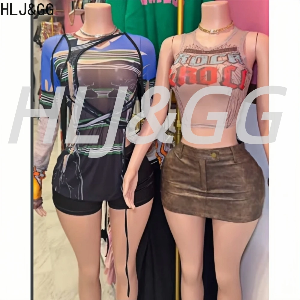 

HLJ&GG Fashion Y2K Mesh Irregular Bandage Two Piece Sets Women Round Neck Long Sleeve Slim Top And Shorts Outfit Lady Streetwear