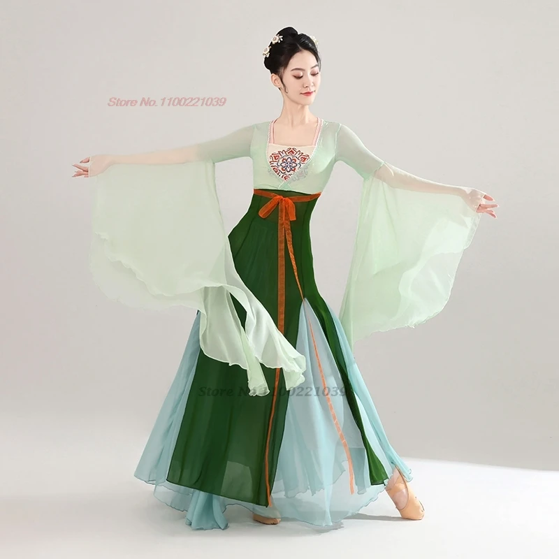 

2025 chinese folk dance costume traditional flower embroidery chiffon tops+skirt set practice stage performance dance dress