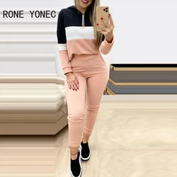 Women Casual Long Sleeves Tape Patchwork Hooded Sporty Sweatshirt Pants Set