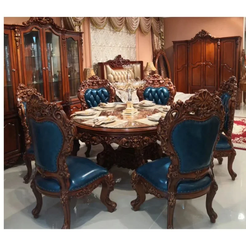 Deluxe dining table and chair combination,  carved American classical style 1.5 meters round European luxury dining table