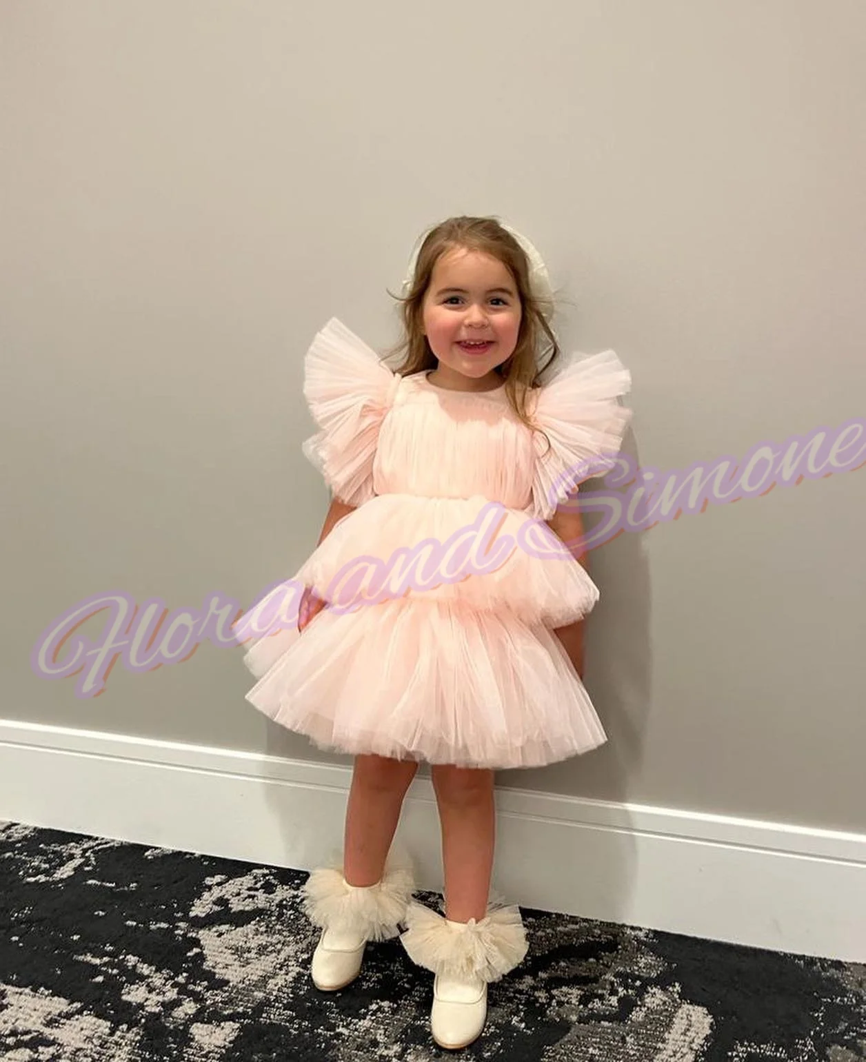 Champagne Flower Girl Dress For Wedding Baby Layered Tulle Sequins Knee Length Kids Birthday Party Infant Gown Customized