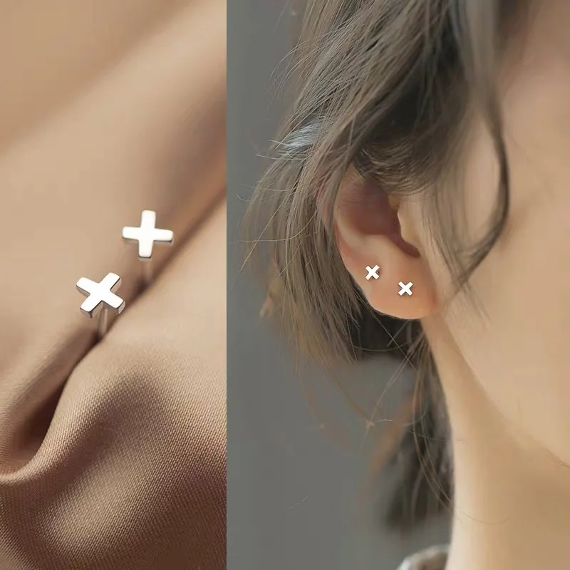 Gold Silver Color Simple Mini Cross  Stud Earrings For Women Men Cartilage Helix Earrings Teen Punk  Party Jewelry Accessories
