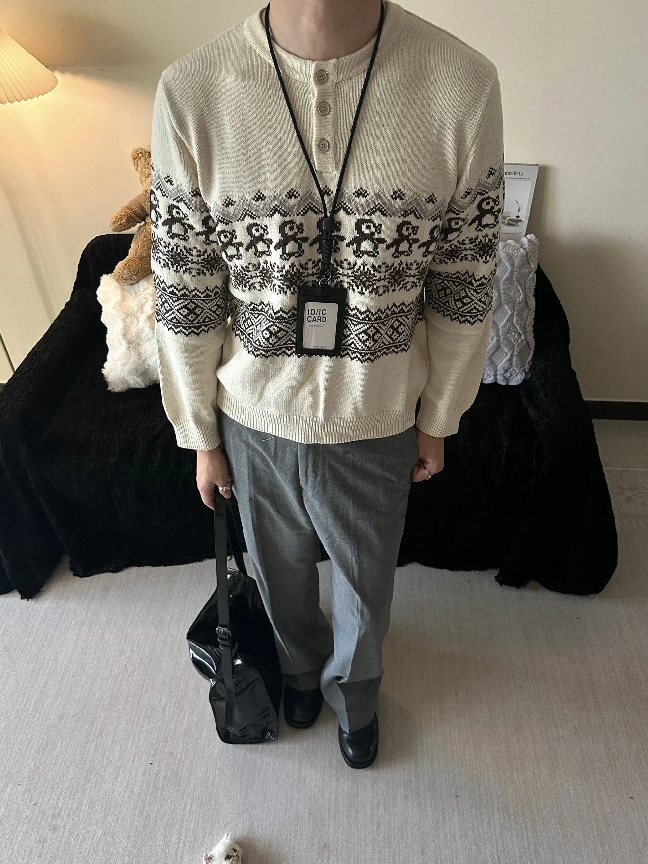 Cisas Penguin Retro Fair Isle محبوك سترة مستديرة للخريف والشتاء متعددة الاستخدامات غير رسمية طويلة Sve نمط هندسي دافئ