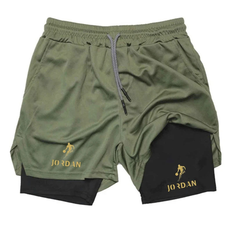 New Men's 2-in-1 Sport Shorts outdoors Quick Dry Gym Running Compression Training Shorts side pocket indoors Print