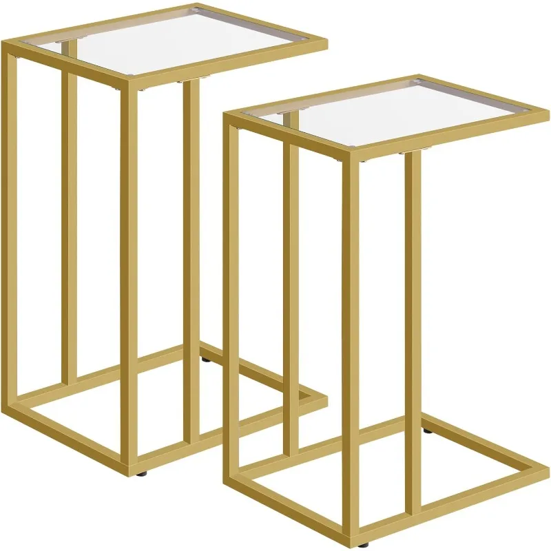 C Shaped End Table Set of 2, Tempered Glass Snack Side Table with Metal Frame, TV Tray Table for Small Space