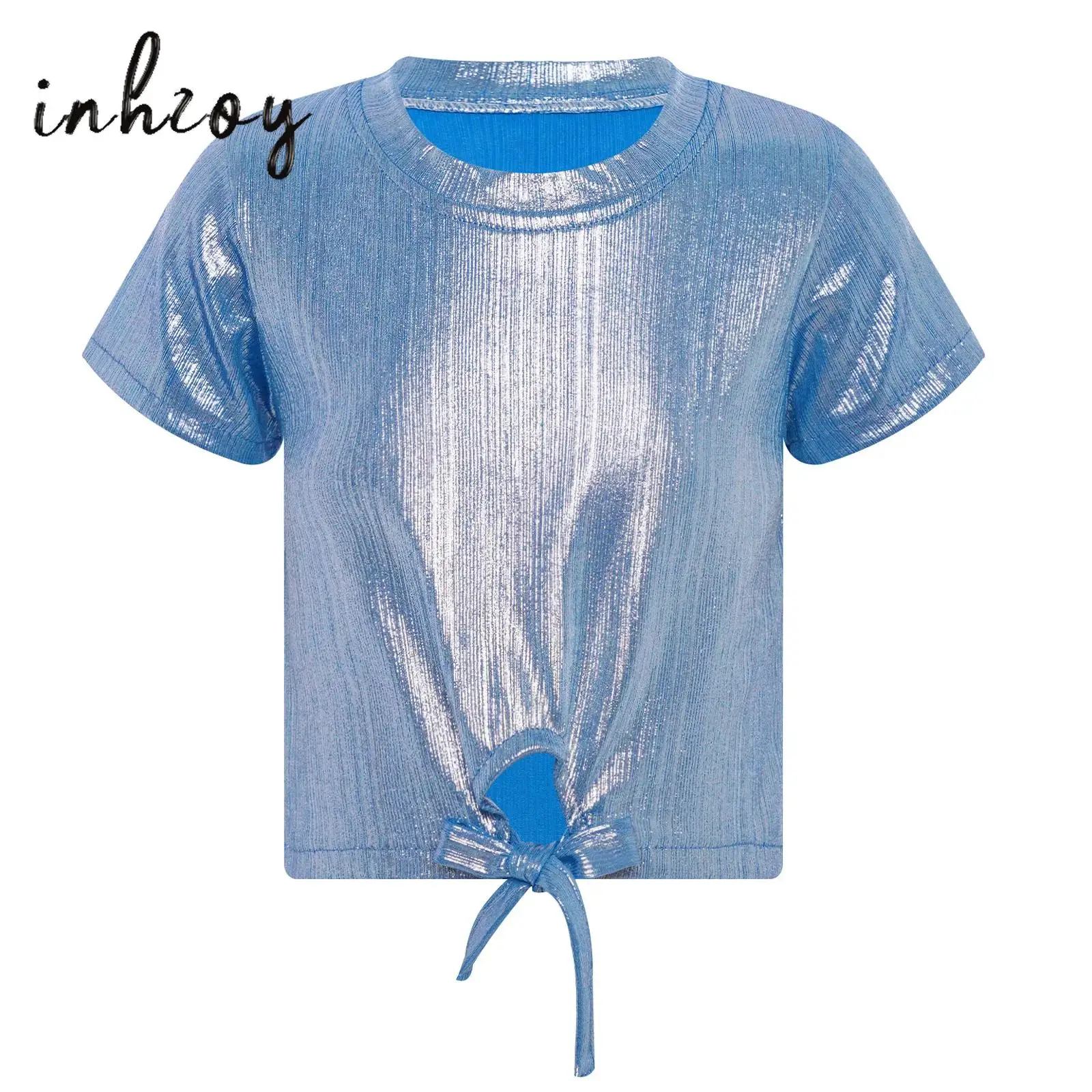 

Kids Girls Jazz Dance Outfit Metallic Short Sleeve Lace-up Keyhole Hem T-shirt Tops for Hip-Hop Jazz Dance Stage Performance