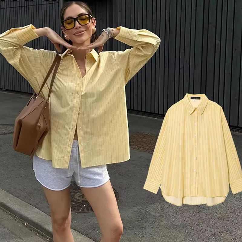 

Women Blouse Summer New Fashion Yellow Striped Lapel Single Breasted Shirts Female Chic Casual Loose Simple Long Shirt