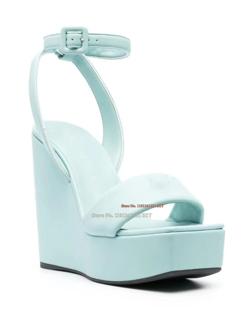 

Light Blue 130Mm Wedge Heel Sandals Women Open Square Toe Thick Platform Wedges High Heel Summer Party Shoes