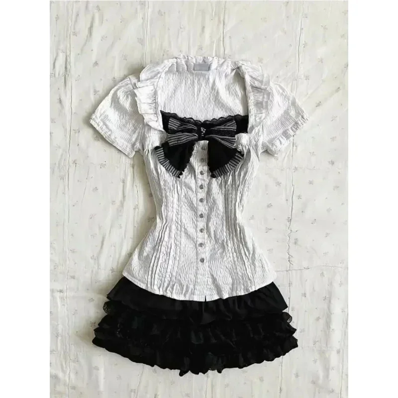 2 Piece Dress Set Women Y2k Retro Short Sleeve T Shirt Summer Crop Top Gothic Aesthetic Bow Top 2000s Vintage Suits Y2k Clothing