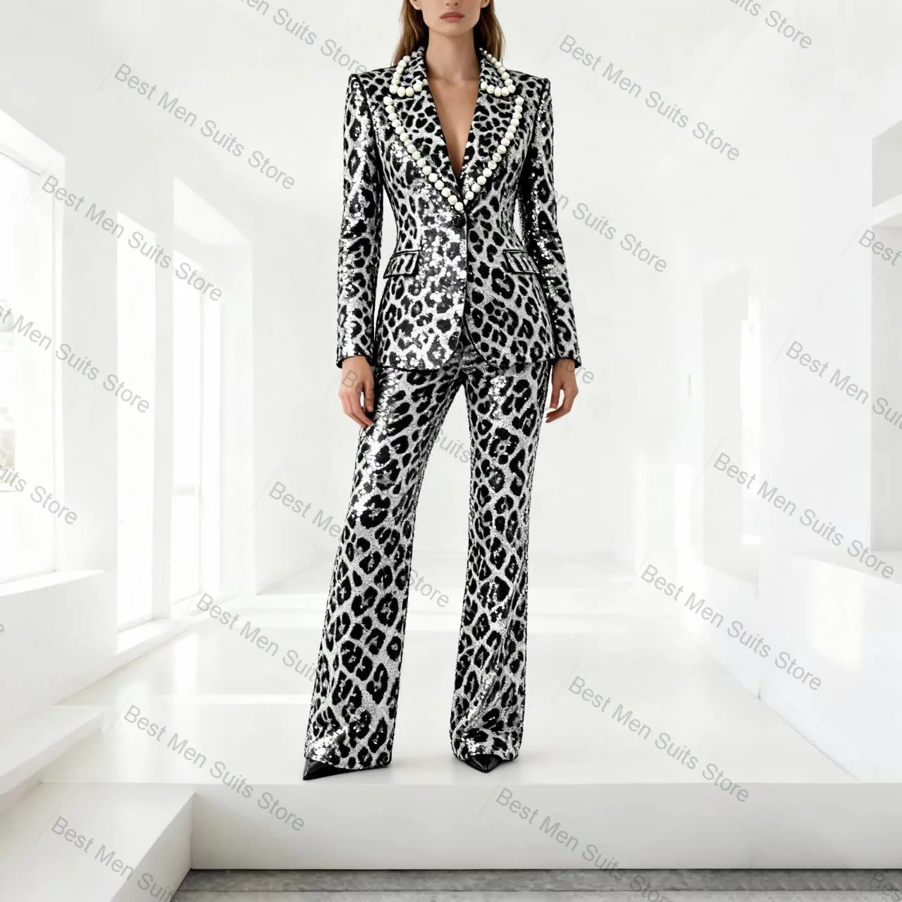 

Leopard Sequins Women Suit Set 2 Pcs Shiny Blazer+Pants Trousers Formal Office Jacket Customized Wedding Guest Party Prom Coat