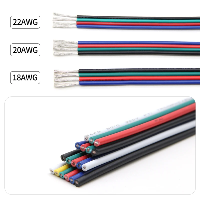2-50m Tinned Copper Electrical Wires 2-3-4-5-6Pin PVC Insulated Cable for LED Strip Light 300V Extension Wire 18AWG/20AWG/22AWG