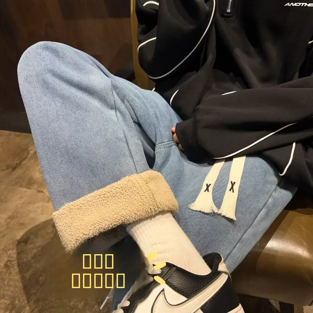 

Мужские джинсы на утолщенной флисовой подкладке, зимние прямые брюки с широкими штанинами, повседневные брюки в американском ретро-стиле, молодежная мода в стиле High Street