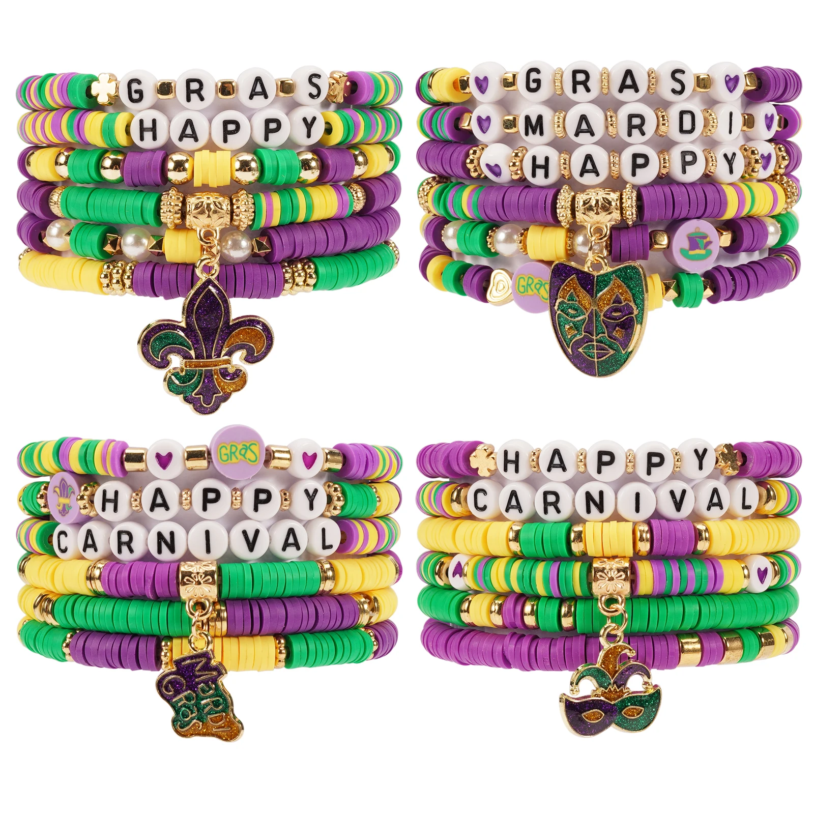 Mardi Gras Bracelets for Women Glitter Mask Crown Fleur De Lis Charm Bracelets Purple Green Beaded Stretch Carnival Bracelets