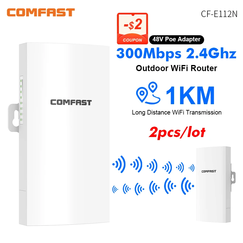 

Comfast 300Mbps 1KM Long Range Router CPE 2pc Outdoor Access Point 2.4GHz Wireless Radio Bridge 9dBi Wifi Antenna 48V Poe