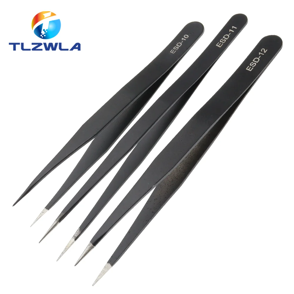 1PCS Anti-static ESD Stainless Steel Tweezers Maintenance Tools Industrial Precision Curved Straight Tweezers Repair Tools