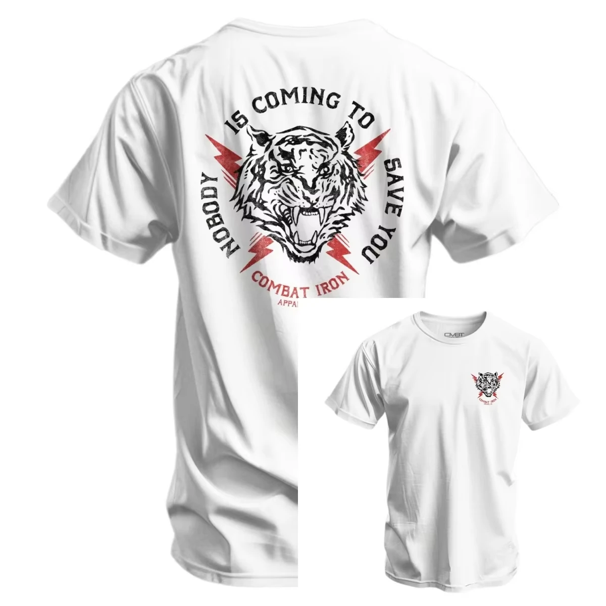 Vintage Grunge‑style Roaring Wild Tiger Graphic Lightning Decoration and Motivational Slogan Double‑sided Printed Unisex T‑shirt