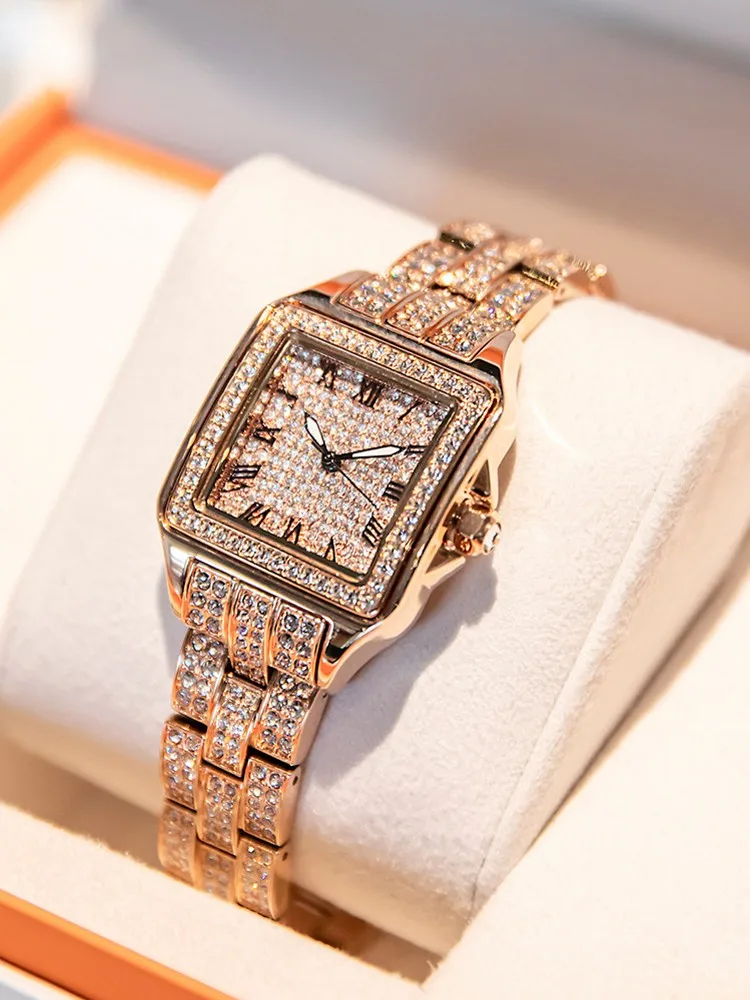 Top Quality Women Square Shape Quartz Watch Shiny Diamonds Elegant Ladies Wristwatch Office Work Accessory Fashion Birthday Gift
