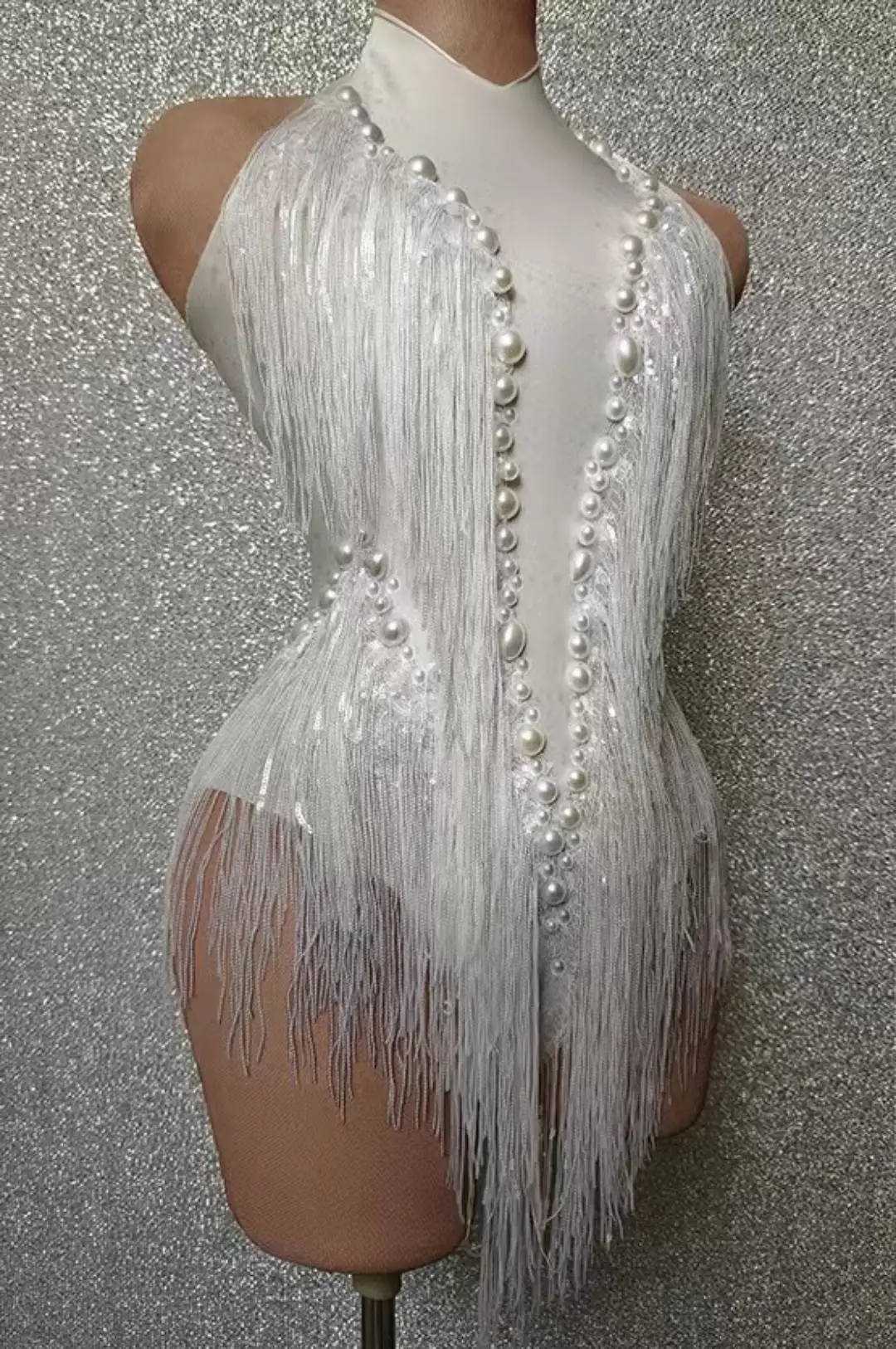 Nuevo leotardo con flecos de lentejuelas y perlas blancas, body Sexy con borlas, traje de baile latino, escenario, fiesta, Club, Pole Dancer, actuación Shuye