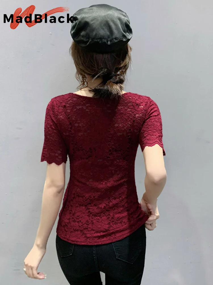 MadBlack Summer Women's tshirt Fashion Sexy V-Neck Short Sleeve Lace Tops Elegant Slim Hollow Out Female T-Shirt Blusas T29617S