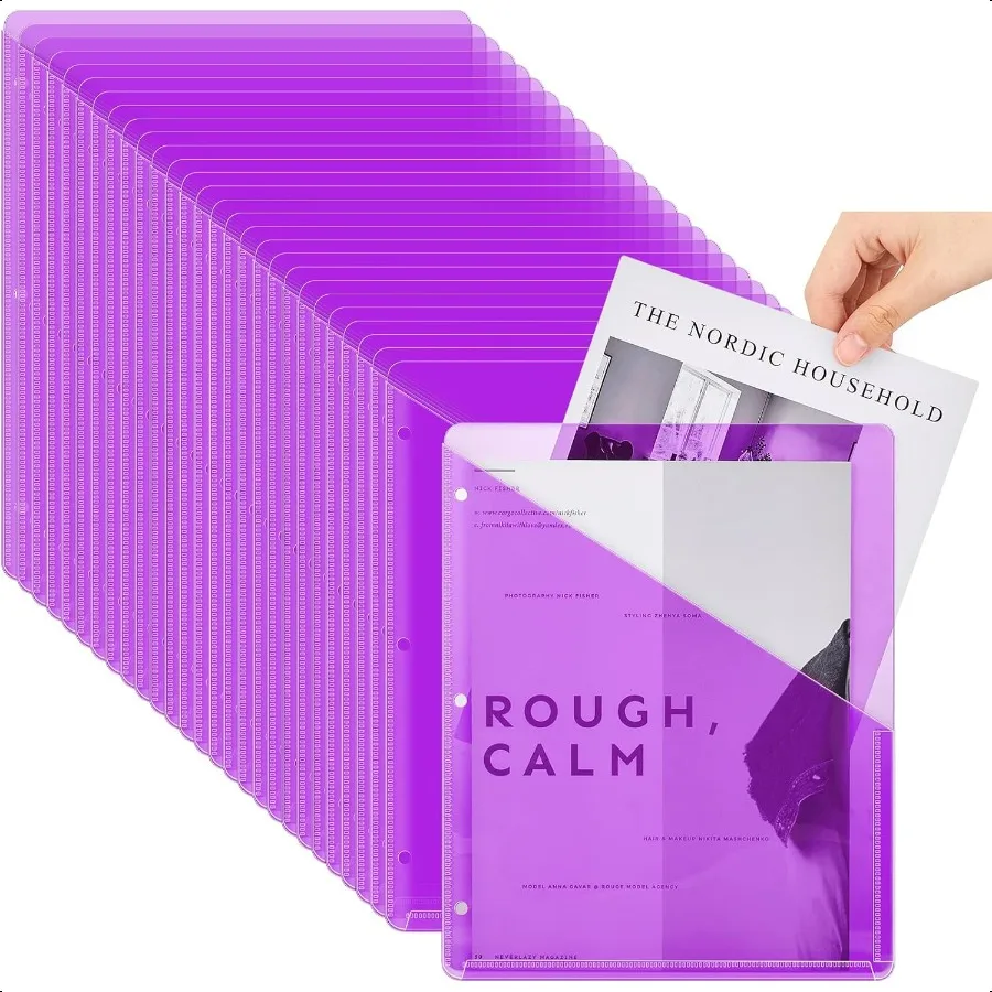 

100 Pcs Binder Pockets for 3 Ring Binder Clear Plastic Folders Sleeves 3 Hole Punch Document Dividers Poly Slash File Jacket Or