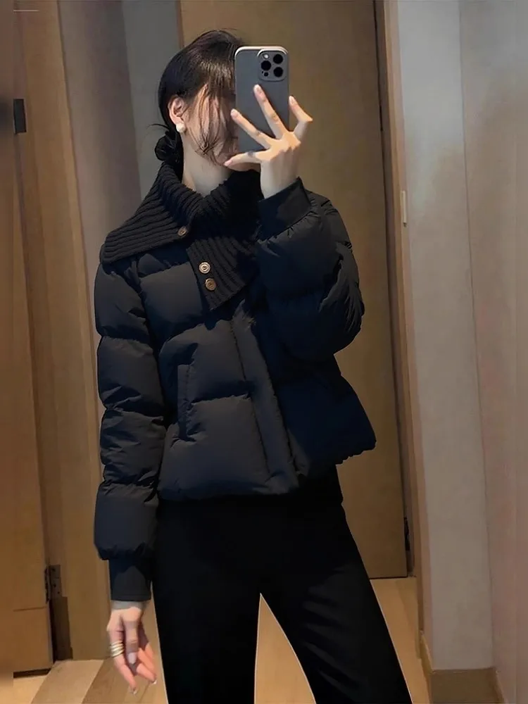 

Thiened Knitted ort Cotton Jaet for Women Winter High Collar Splicing Warm Bla Fem Outerwear Commute Korean Sle