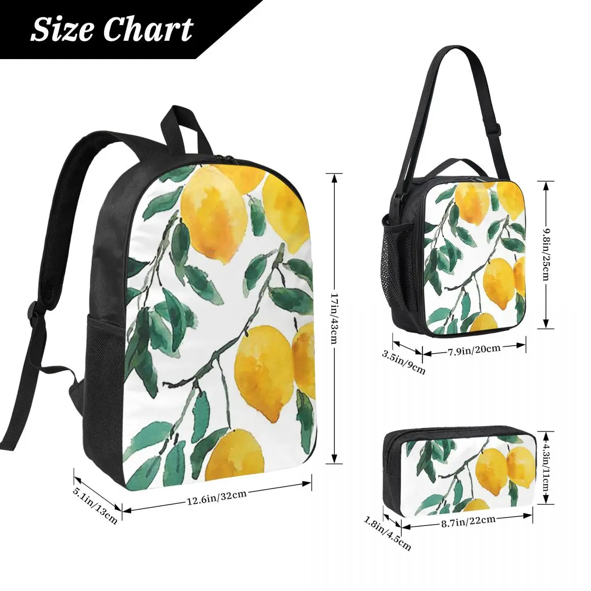 Hand Painted Yellow Lemon Watercol Backpack Boys Girls BookBag School Bag Shoulder Bags 3ps Insulated Lunch Bag Pencil Case