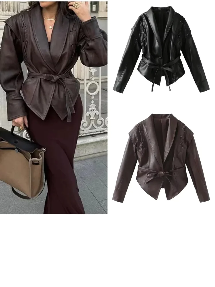 

Vintage Pu Leather Biker Jackets For Women Waterproof Long Sleeves Lapel One Button Bandage Lace Up Coats Y2k Autumn Spring Tops