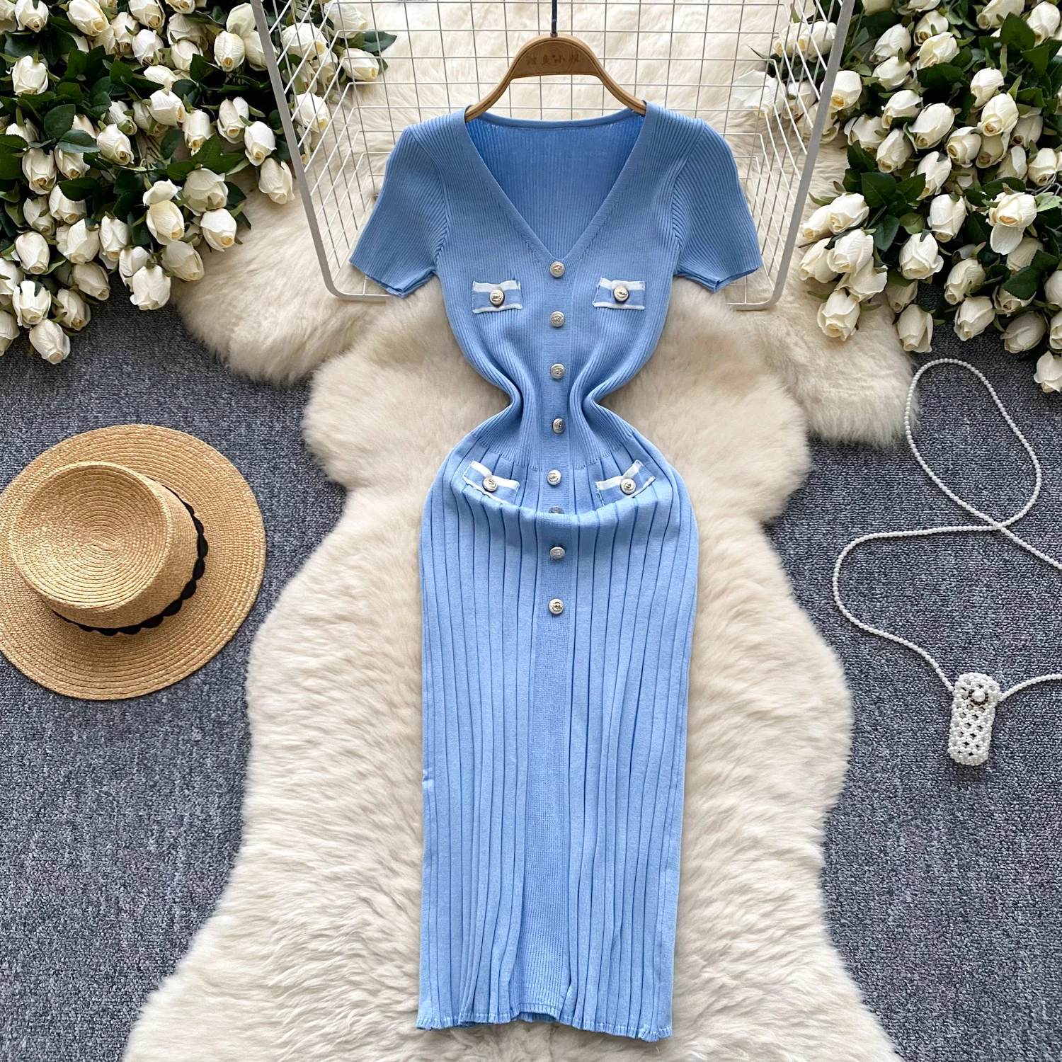 REALEFT 2025 New Summer Vintage Knitted Wrap Dresses Short Sleeve V-neck Buttons Patchwork Sheath Pencil Slim Dress for Womens