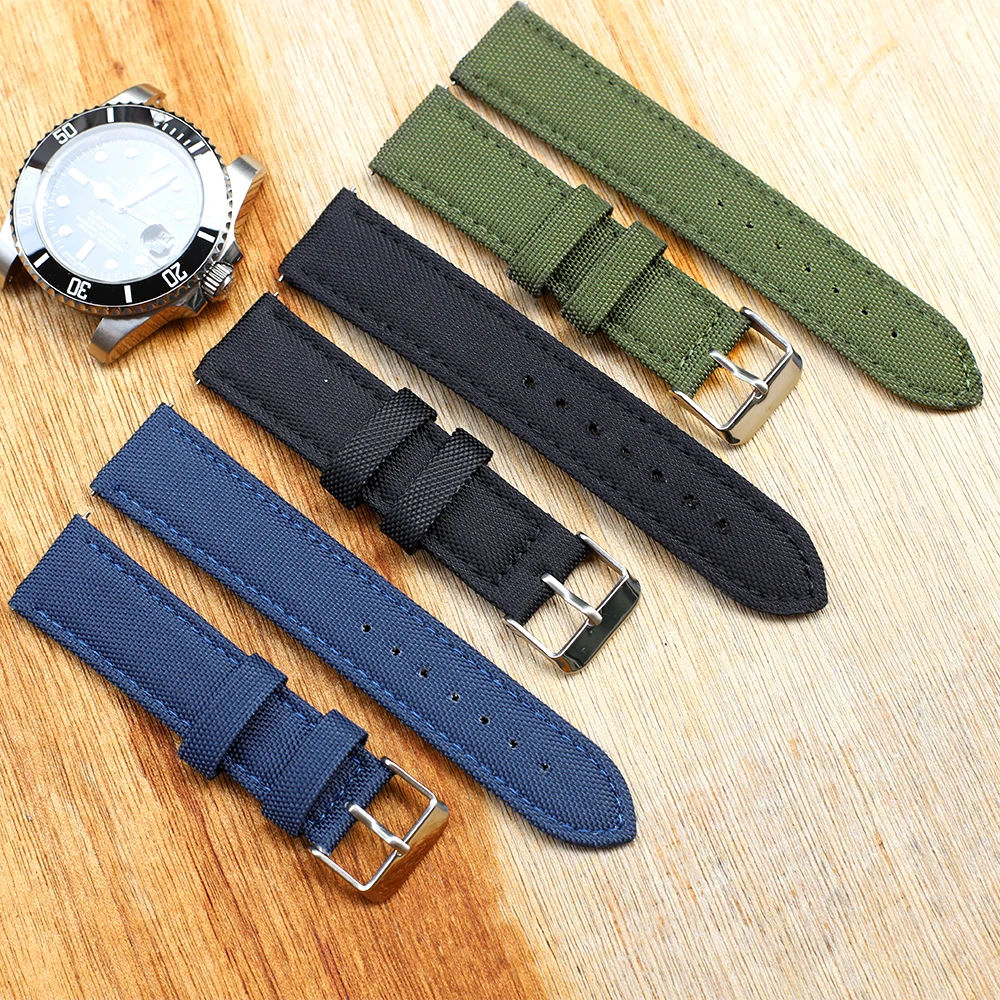 

1Pcs Nylon Leather Watchband 20mm Comfortable Green Black Blue High Quality Watch Band Strap With Silver Pin Buckle