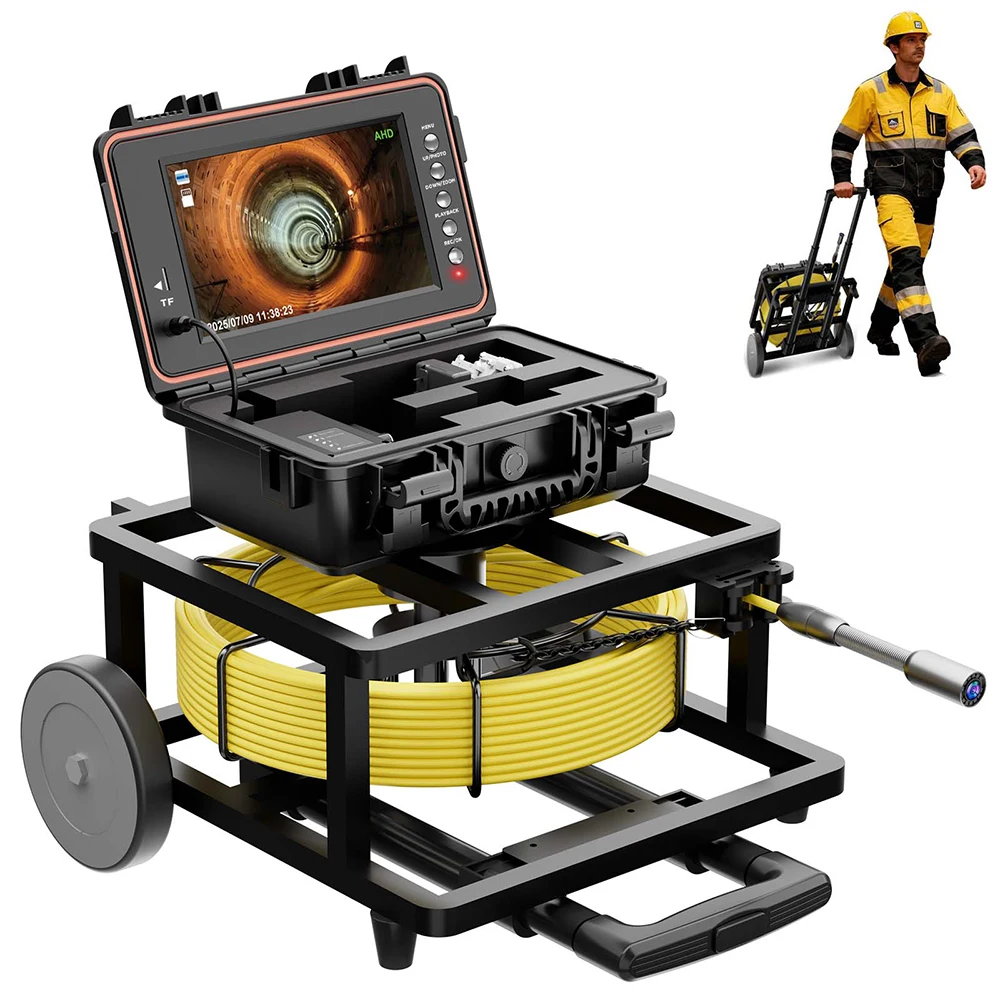 Portable Pull Rod 9 Inch IPS Screen 1080P Sewer Camera 512Hz Self Leveling 7mm Cable Video Pipe Drain Pipeline Inspection Camera