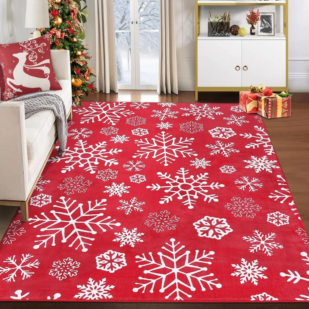 

Christmas Area Rug 8x10 Snowflake Pattern Floor Cover Machine Washable Indoor Carpet Rug Decorative Non Slip Accent Rug Kitchen