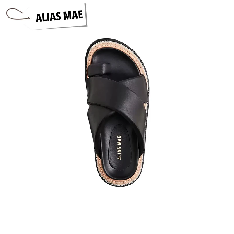 Alias Mae Hoogwaardige Zomer Lederen Platte Bodem Ronde Top Teen Crossband Dames Slippers