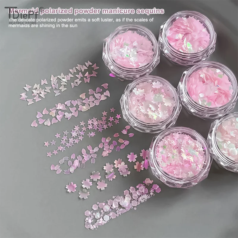 네일 아트 스팽글 불규칙한 편광 인어 스팽글 파인 스파클 파우더 두꺼운 얇은 혼합 나비 스타 스팽글 네일 장식