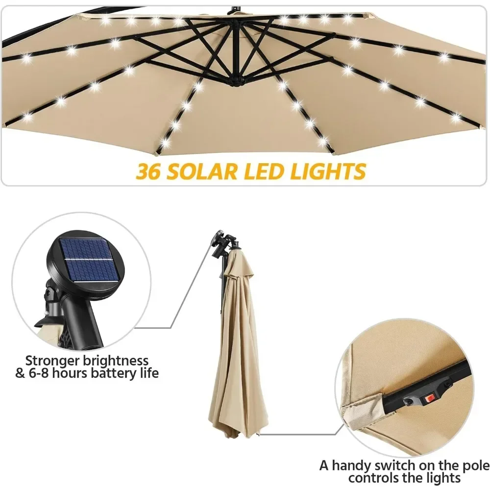 Solar Offset Umbrella with 10FT 32 LED Lights Cantilever Outdoor Umbrellas Handy Crank & Cross Base for the Beach for Backyard