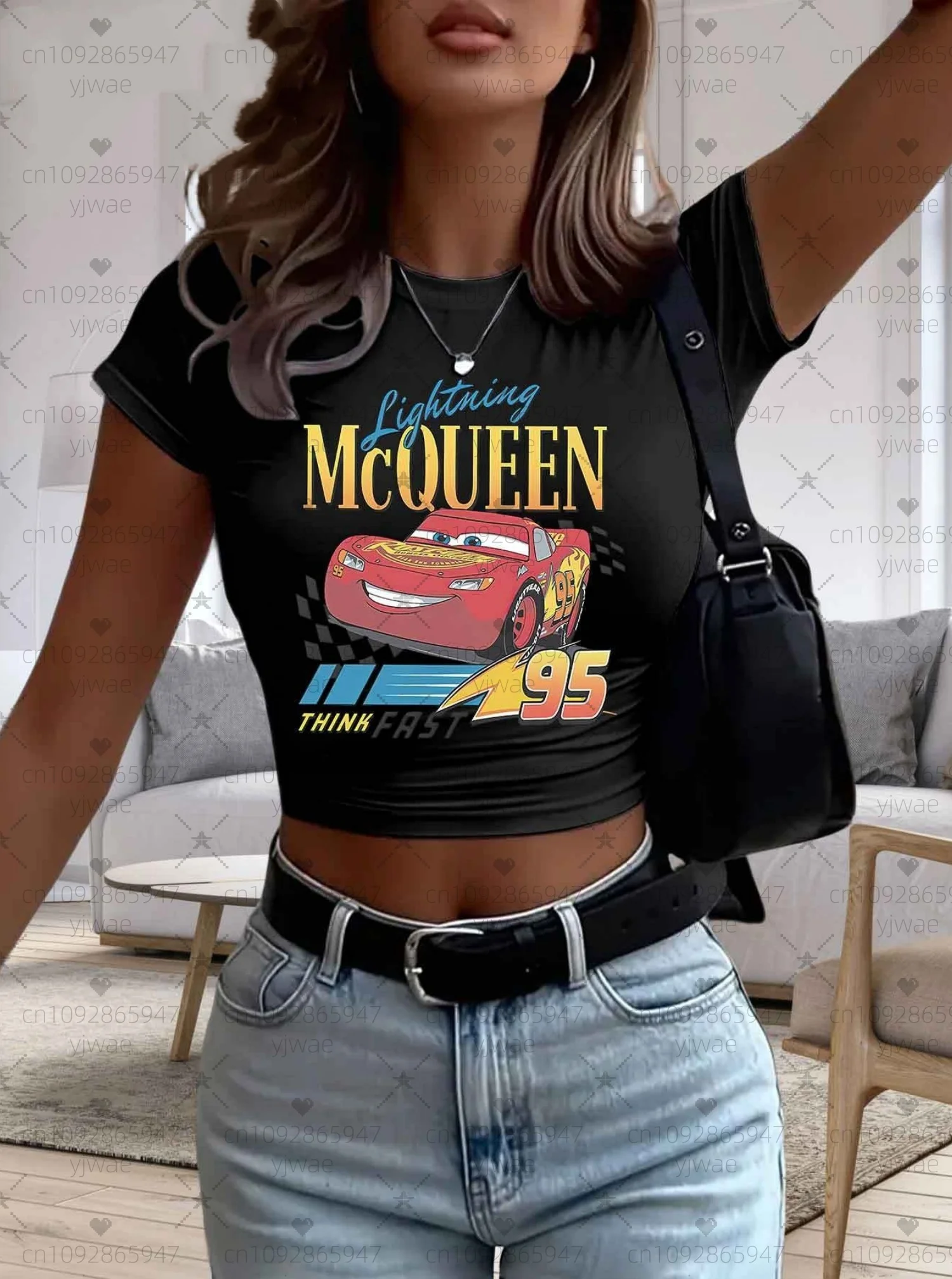 

Летняя женская укороченная короткая футболка с принтом Lightning McQueen, футболки с графическим рисунком, женские повседневные короткие топы с круглым вырезом