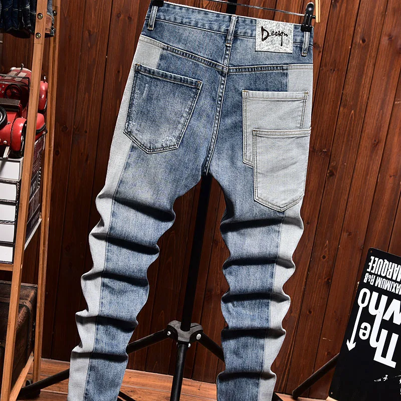 

Рваные джинсы мужские облегающие маленькие ноги корейская версия ретро тренд дизайн уличная мода красивые длинные брюки
