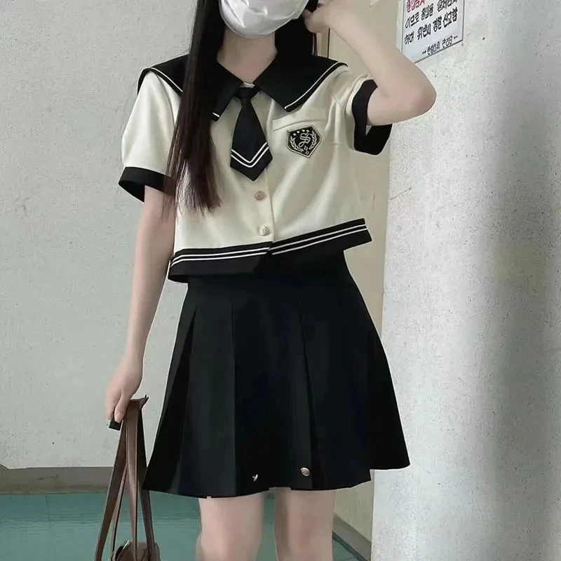 Women Fashion High School South Korea Students Jk Uniform Short Sleeve Beige Shirts Black Pleated Skirt Female Summer Suit