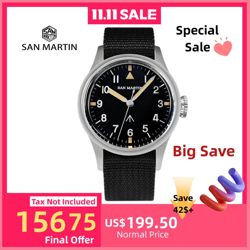 

San Martin 38.5mm Wristwatch Simple Pilot Automatic Mens Watch NH35 Luminous Reloj 10Bar Sapphire Military Field SN0105NB-1