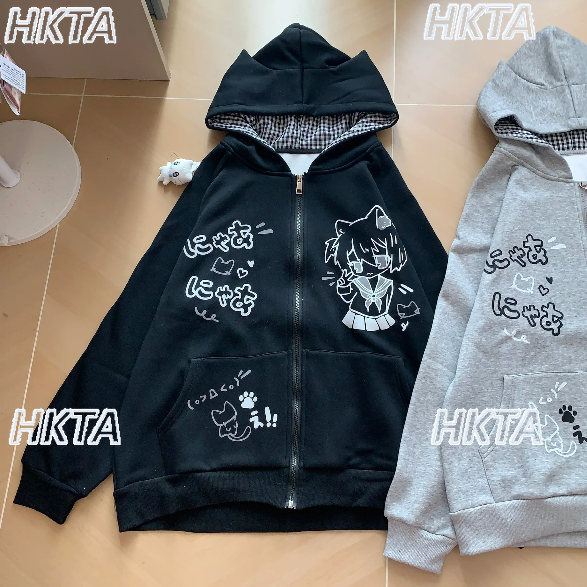 Dulce diario a cuadros lindo estampado de dibujos animados de manga larga sudaderas con capucha abrigo de invierno cálido chaqueta de terciopelo suelta bidimensional para mujer