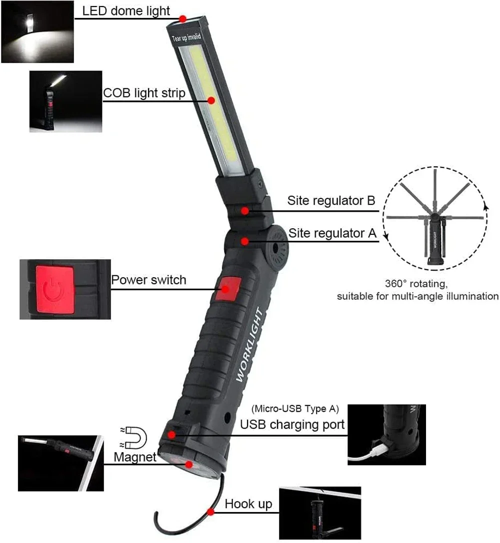 USB Rechargeable Portable COB LED Flashlight Work Light Magnetic Lanterna Hanging Lamp with Built-in Battery Camping Torch