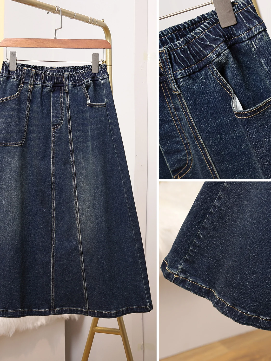 ファイオナブル・ティエネド・エラスティック・ウエスト・ルーズ・ミッドレングス・デニムスカート（プラスサイズ女性向け、秋冬新作、お腹をカバーする）