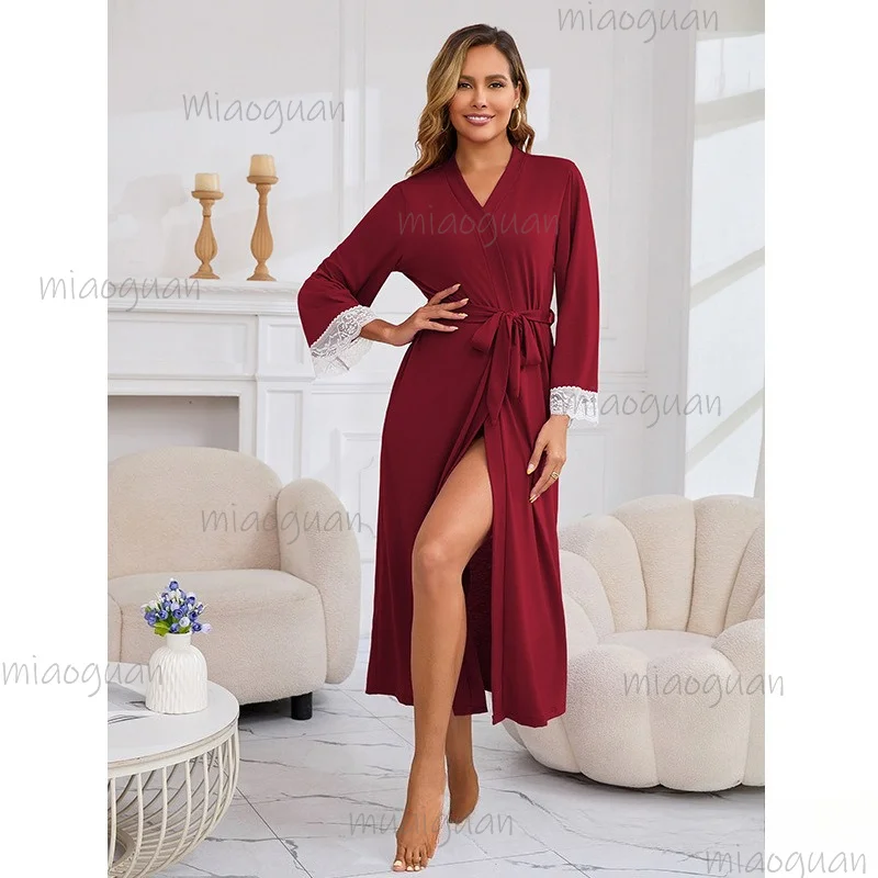 Breathble Bathrobe Long Kimono Robe Lady Lace Splicing Home Clothes V-Neck Nightgown Loungewear Sleeve Dressing Sleepwear Gown
