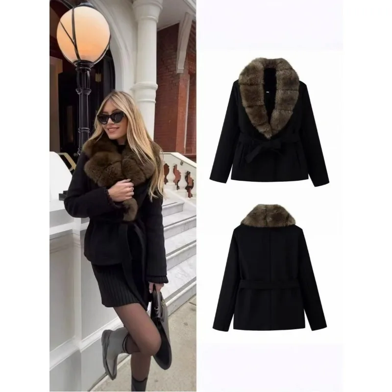 European And  American Style Cross-border Women's Clothing Winter New Fashion Fur Collar Waist Cinching Strap Woolen Coat Jacket