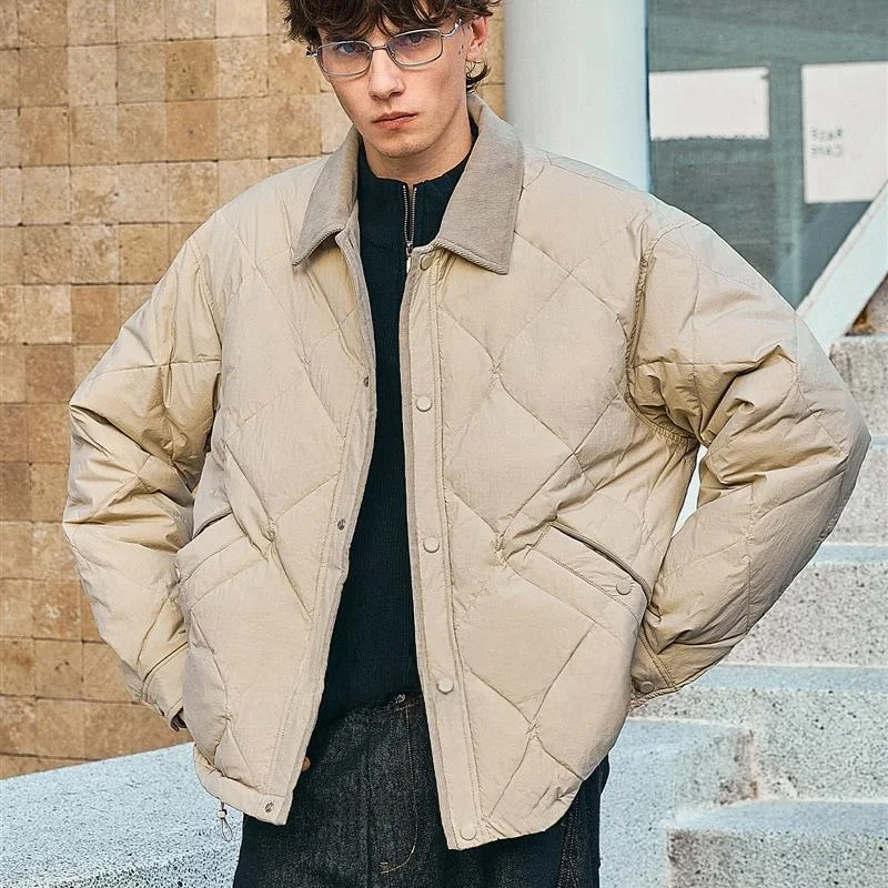 

Мужская зимняя куртка-пуховик с воротником-стойкой, 90% белый пух, новый дизайн с ромбовидным узором, свободный крой, легкая стеганая верхняя одежда