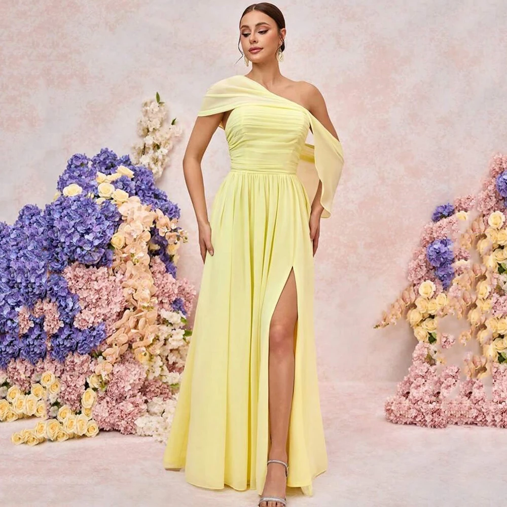 

Customized Off the Shoulder Pleat Chiffon Evening Dress Sleeveless Front Slit Party Dress Backless A-line Floor Length Prom Gown