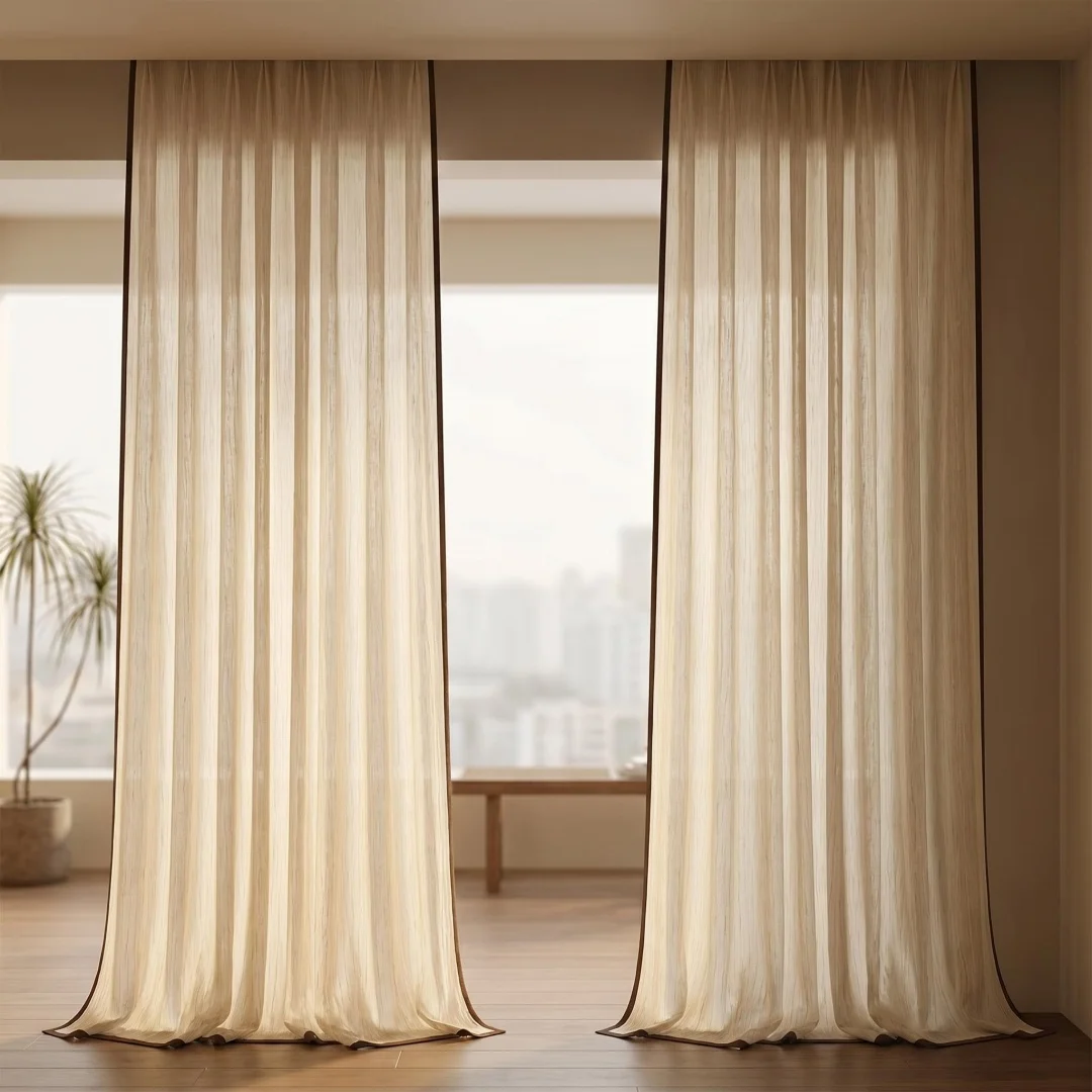 Japanese-style simple texture vertical stripes retro curtains contrast edge bedroom atmosphere French window curtains.