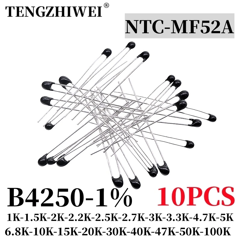 10 sztuk rezystor termiczny termistor NTC MF52 NTC-MF52AT 1K 1.5K 2K 2.2K 2.7K 3K 3.3K 4.7K 5K 10K 15K 20K 40K 50K 100K B4250 1%