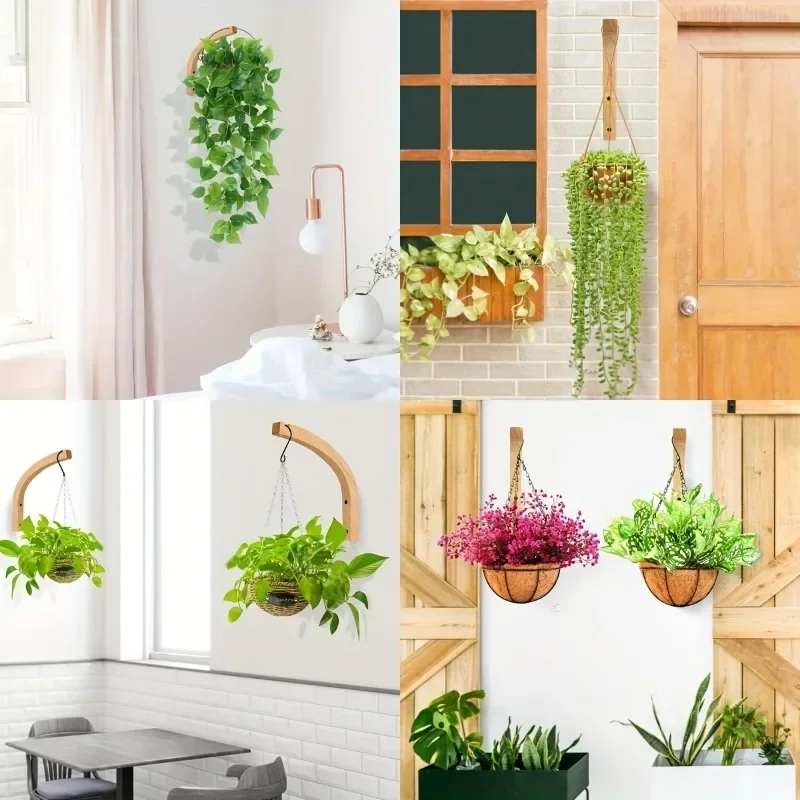 natural wood plant hanger brackets, wall mounted wooden hooks for hanging planters indoor outdoor garden decor