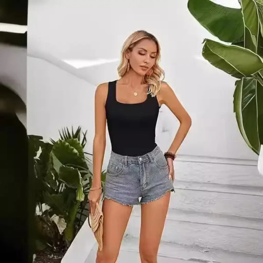 

Women's Summer Camisole Slim T-shirt Sexy Square Collar European American Style Top